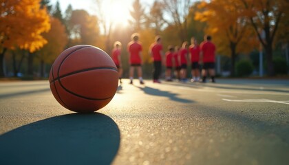 Basketball ball on ground outdoors. Sport equipment lies near team players in autumn park. Orange leaves fall in sun. Sports concept. Basketball game at sunset. Fitness lifestyle.