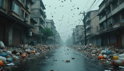 City street covered with rubbish after rain. Debris clogs road near buildings. Pollution affects urban landscape. Birds fly over mess. Waste creates problem for locals in neighbourhood.