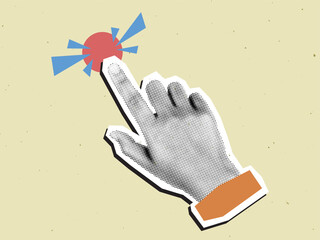 Retro halftone collage of hand pressing red button, symbolizing action, decision, control, technology, and digital interaction concept.
