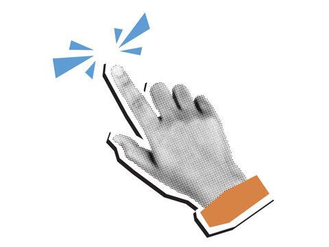 Retro halftone collage of hand touching button, symbolizing click, choice, digital action, technology, and user interface concept