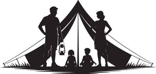 Family silhouettes camping with tent and lantern vector
