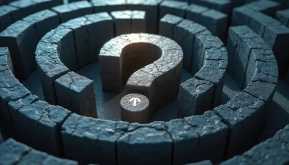 Large stone question mark floats within complex maze structure. Symbol glows faintly suggesting confusion, digital disorientation. Image represents forgotten passwords lost data in modern world.