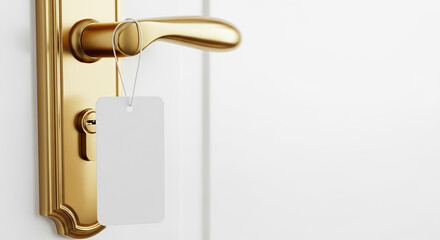 Blank tag hanging on golden door handle