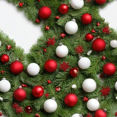 Fototapeta premium A beautiful arrangement of evergreen branches is decorated with red and white ornaments, creating a joyful holiday atmosphere SEAMLESS PATTERN