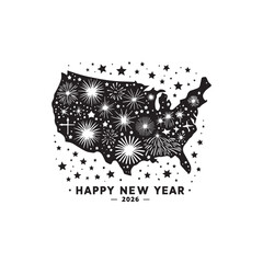 American Map with Fireworks and Stars Festive New Year 2026 Design vector, illustration 