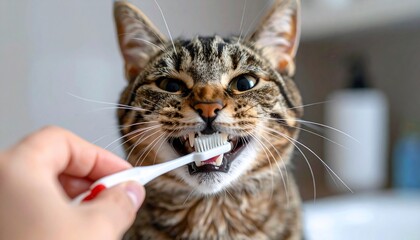 A tabby cat's teeth are being brushed with a toothbrush by a human hand close-up