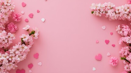 Fototapeta premium Pink Cherry Blossom Flowers with Heart Confetti on Light Pink Background for Romantic or Celebratory Themes