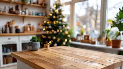 A cozy indoor scene with a wooden table, snowy views outside, and a beautifully decorated tree invites warmth and comfort