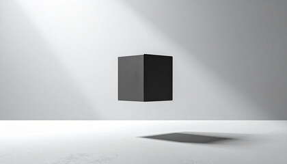 Floating Black Cube in Minimalist Studio