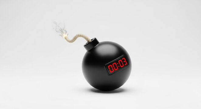 Bomb with burning fuse displaying a digital countdown timer