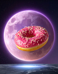 Cosmic Donut Floating in Space with a Planet Background