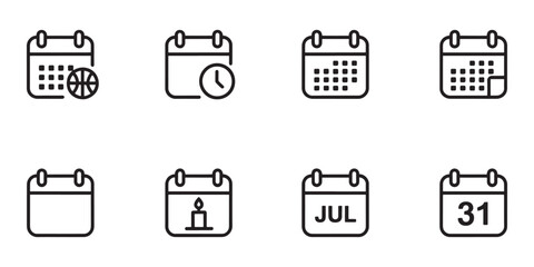 Calendar Icons With Basketball, Clock, Candle, Month And Date schedule planning