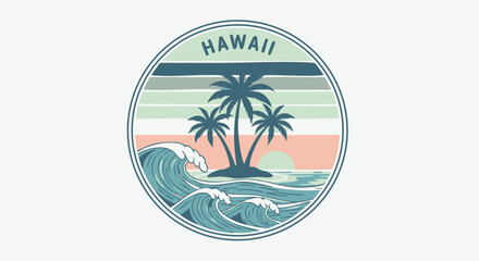 Obraz premium Tropical island scene featuring palm trees and ocean waves contained within a circular emblem design
