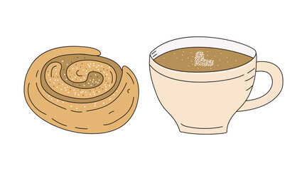 Coffee cup, sweet cinnamon bun, color drawing, doodle. Delicious baked goods, sweet nutritious snack. Hand-drawn element for cafes, menus, and recipes. Coffee bean. Line icon.