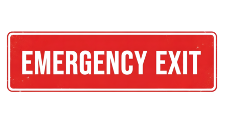 Red “Emergency Exit” safety sign isolated on transparent background for warning use.