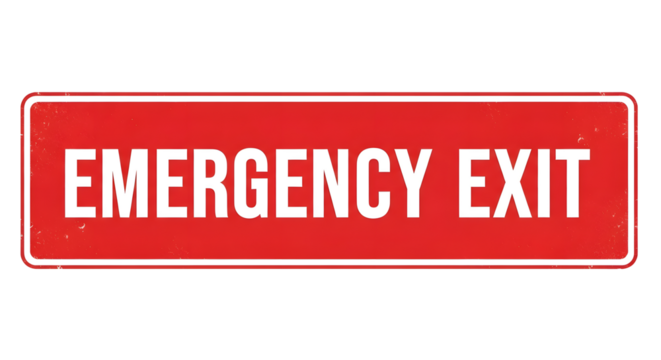 Red “Emergency Exit” safety sign isolated on transparent background for warning use.