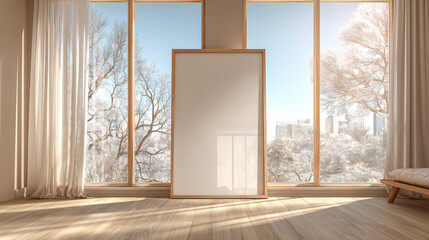 Fototapeta premium Blank vertical poster frame mockup in a modern sunlit living room with a snowy winter window view.