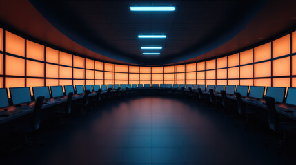 Modern control room with multiple screens and workstations. Ideal for data monitoring, cybersecurity, or IT operations.