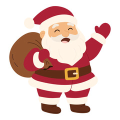 Cheerful Santa Claus with gift bag. Santa character in red costume with white beard, hat, gloves, and belt, carrying a brown sack full of presents. Cute  winter holiday clipart for Christmas.