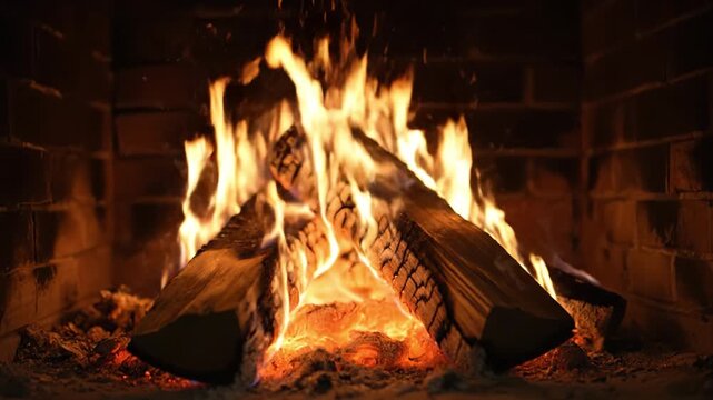 Cozy fireplace scene with crackling logs and vibrant flames creates warmth and relaxation, inviting comfort during cold evenings with dancing embers and soft glow