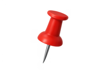 Red pushpin pushing into surface, tacking or pointing concept with office supply on transparent background