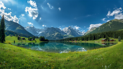 Scenic Alpine Lake with Snow-Capped Mountains, Wooden Cabins, and Green Meadow