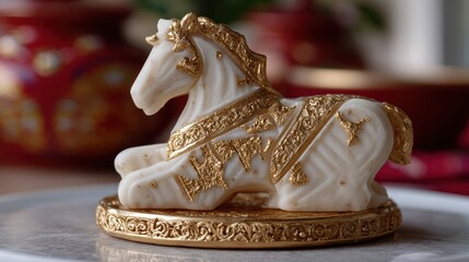 fine dining experience, a close-up of a beautifully detailed, horse-shaped nian gao adorned with edible gold leaf on a decorative pedestal, set against a festive red and gold background, showcasing