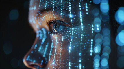 A persons face overlaid with digital encryption symbols showcasing the use of advanced encryption techniques in securing online identities.