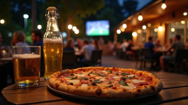 Pizza, beer and sports on TV at outdoor pizzeria at night. People gather on patio for food, drinks, and entertainment. Enjoy casual dining with friends. 