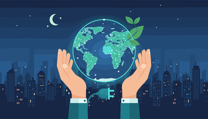 Hands cradle a glowing digital Earth at night, symbolizing global connectivity and environmental care, against a backdrop of a silhouetted city skyline and a crescent moon, with a power plug