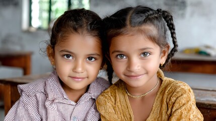 Little south asian schoolgirls smiling in classroom, friendship concept