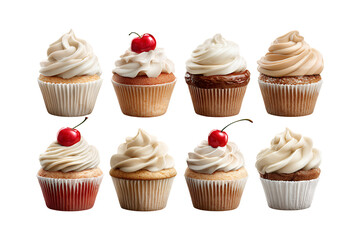 Variety of delicious frosted cupcakes an assortment of sweet treats perfect for celebrations parties and dessert menus transparent background