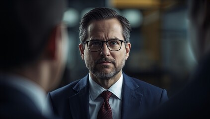 Fototapeta premium Close up of a man with glasses and a suit looking intently at someone in a dimly lit room setting