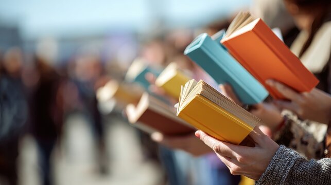 Commercial high-resolution photo of people holding open book in outdoor setting, education concept. - Powered by Adobe