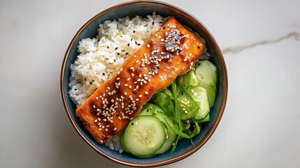 Teriyaki salmon rice bowl, sesame seeds topping, clean minimal setup