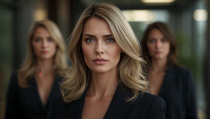 Portrait of a blonde woman in a black blazer with two blurred women in the background indoors