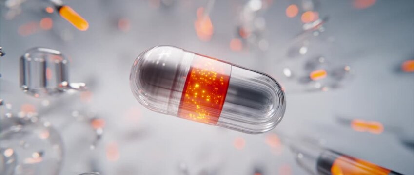 Close up of a transparent medicine capsule with orange internal substance