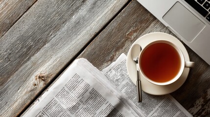 Commercial high-resolution photo of cup of tea and newspaper on wooden table with laptop.