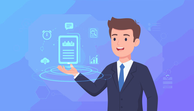 Smiling businessman in a suit presenting a digital interface with icons representing agenda, meeting, appointment, activity, information, cloud upload, search, analytics, and time management, against