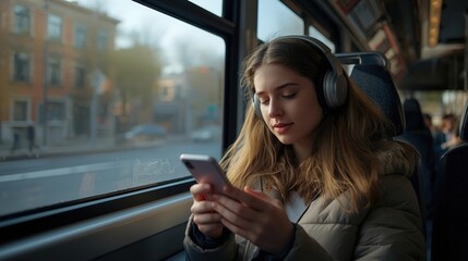 Young woman engrossed in her phone while riding a bus, wearing headphones