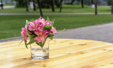 Delicate bouquet of pink lilies in glass vase on wooden table with blurred park background, romantic outdoor still life