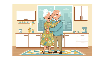 Joyful elderly couple embracing and smiling warmly in a cozy, modern kitchen, with a cityscape visible through the window, symbolizing love, companionship, and happy retirement life.