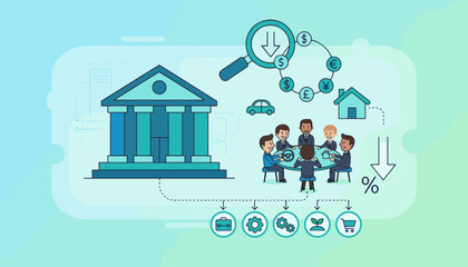 Conceptual illustration of a business bank building with a magnifying glass over currency symbols and a group of people discussing financial matters, symbolizing loan interest rates and business