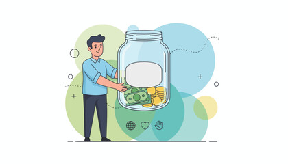 A cheerful man holds a glass jar filled with cash and coins, symbolizing savings, investment, and financial growth, with a blank label for customization, set against a backdrop of abstract colorful