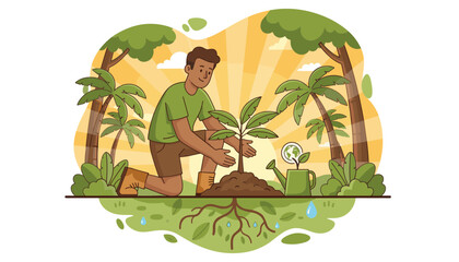 Man kneeling and planting a young tropical tree in fertile soil, surrounded by lush greenery and palm trees, with a watering can and the Earth symbol indicating environmental care, under a bright