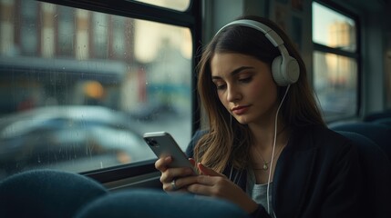 Pensive woman with headphones using smartphone on bus, rainy window view
