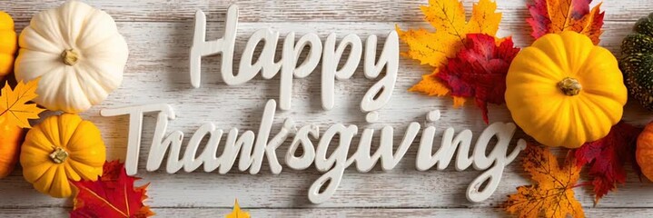 White Happy Thanksgiving text on wooden background with pumpkins, falling yellow and red autumn maple leaves. Autumn harvest background