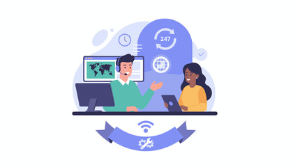 Vibrant vector illustration depicting a male customer service representative wearing a headset, interacting with a female colleague holding a tablet, set against a backdrop of a world map on a