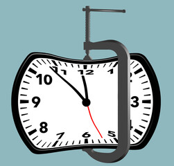 A wall clock is crushed in a C-clamp in a 3-d illustration about having a time crunch or a particularly important  moment is crunch time.