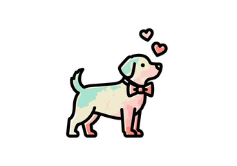 Watercolor Dog with Bow Tie and Hearts.